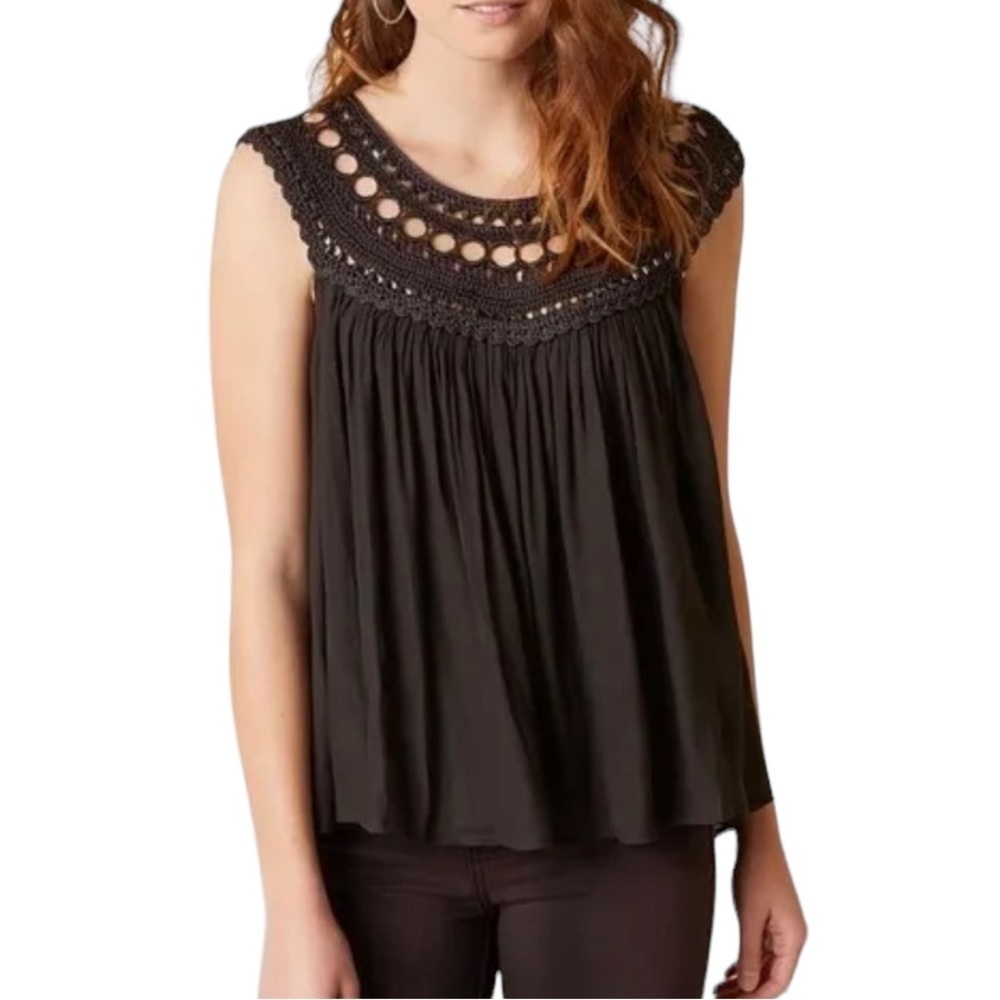 Free People Black Crochet Yoke Sleeveless Blouse